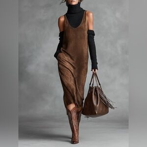 NWT Women's Retro Simple Suede U-Neck Sleeveless Tank Midi Dress Size Small